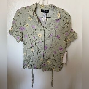 Vintage Sag Harbor Floral Cottagecore Button Blouse Green Split Hem Sz S